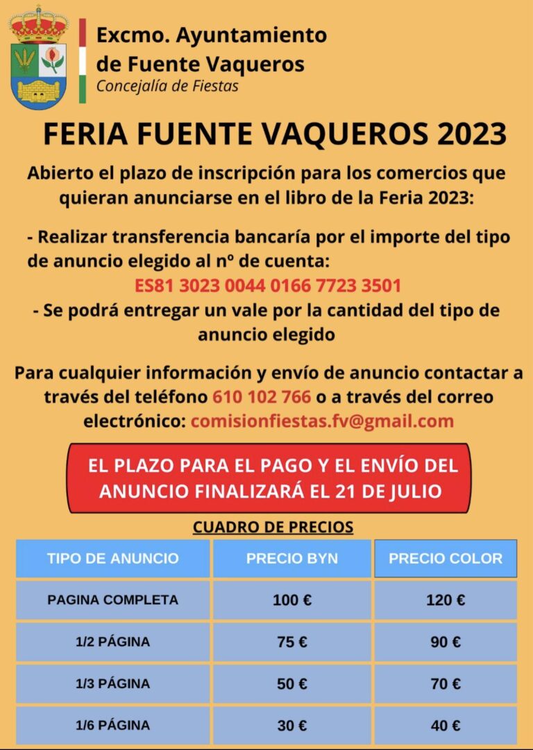 FIESTAS | INSCRIPCIÓN PARA COMERCIOS PARA ANUNCIARSE EN EL LIBRO DE LA FERIA 2023 🎉 🎡 -Fuente Vaqueros