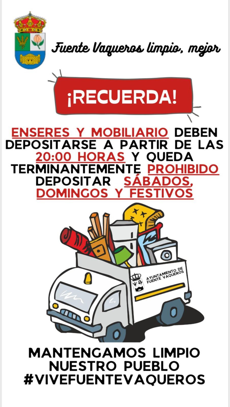 ‼️HORARIO PARA DEPOSITO DE BASURA ORGÁNICA, MOBILIARIO Y ENSERES‼️-Fuente Vaqueros