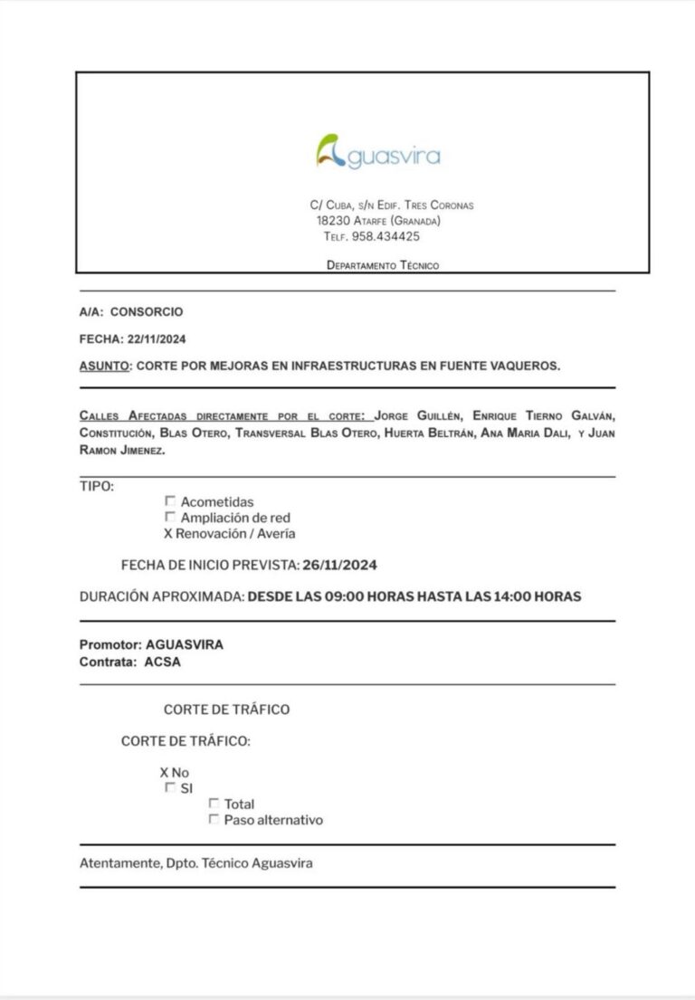 RECORDATORIO CORTE PARCIAL DE AGUA 26 DE NOVIEMBRE-Fuente Vaqueros