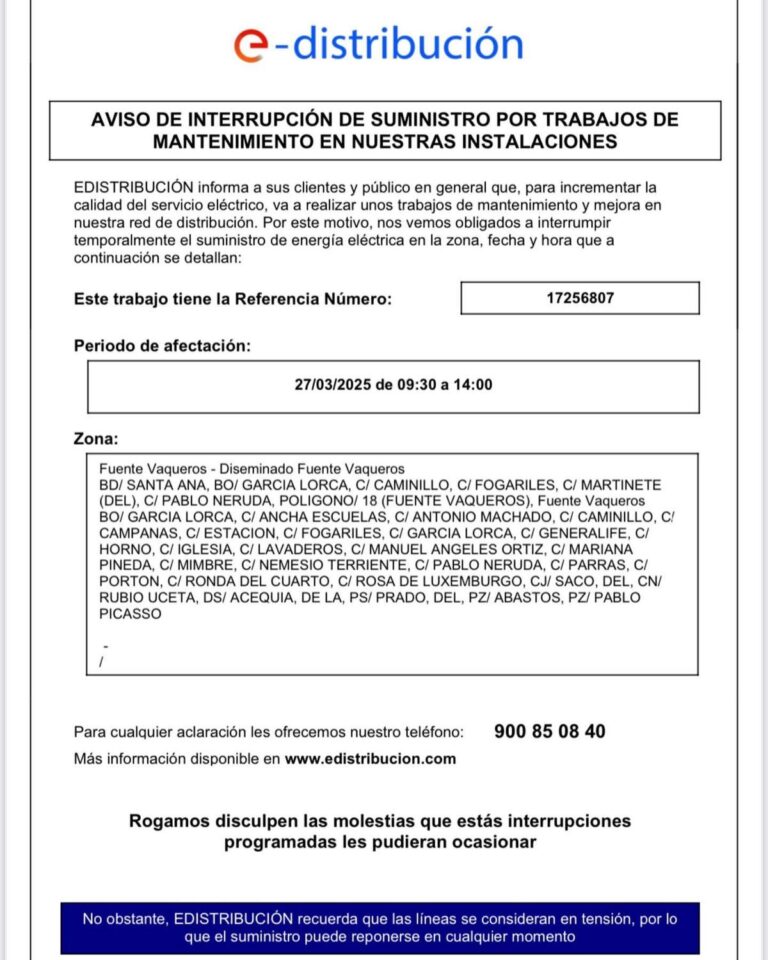 AVISO | CORTE DE SUMINISTRO ELECTRICO-Fuente Vaqueros