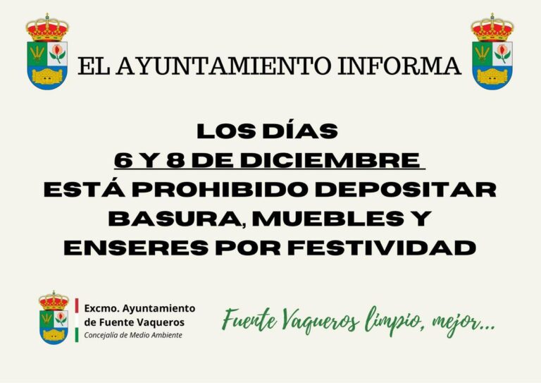 AVISO | FESTIVOS 6 Y 8 DE DICIEMBRE-Fuente Vaqueros
