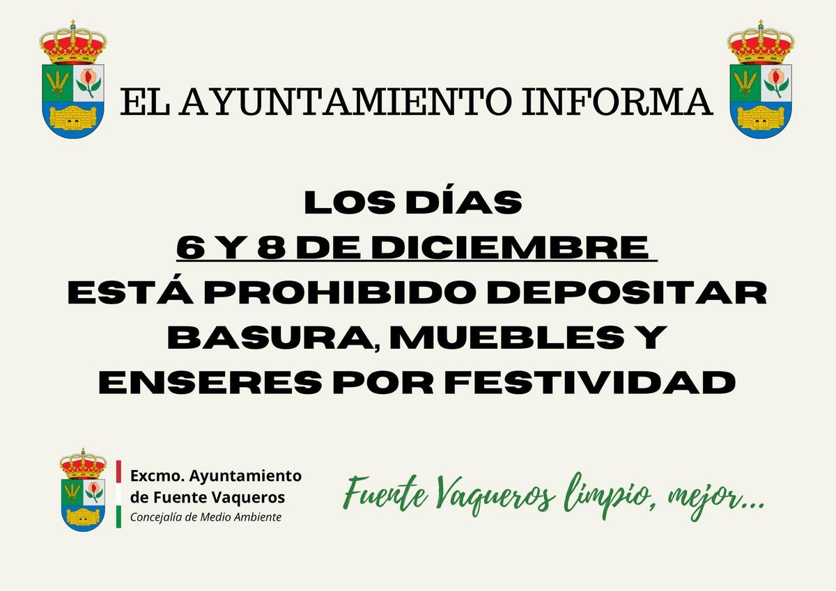 AVISO | FESTIVOS 6 Y 8 DE DICIEMBRE-Fuente Vaqueros