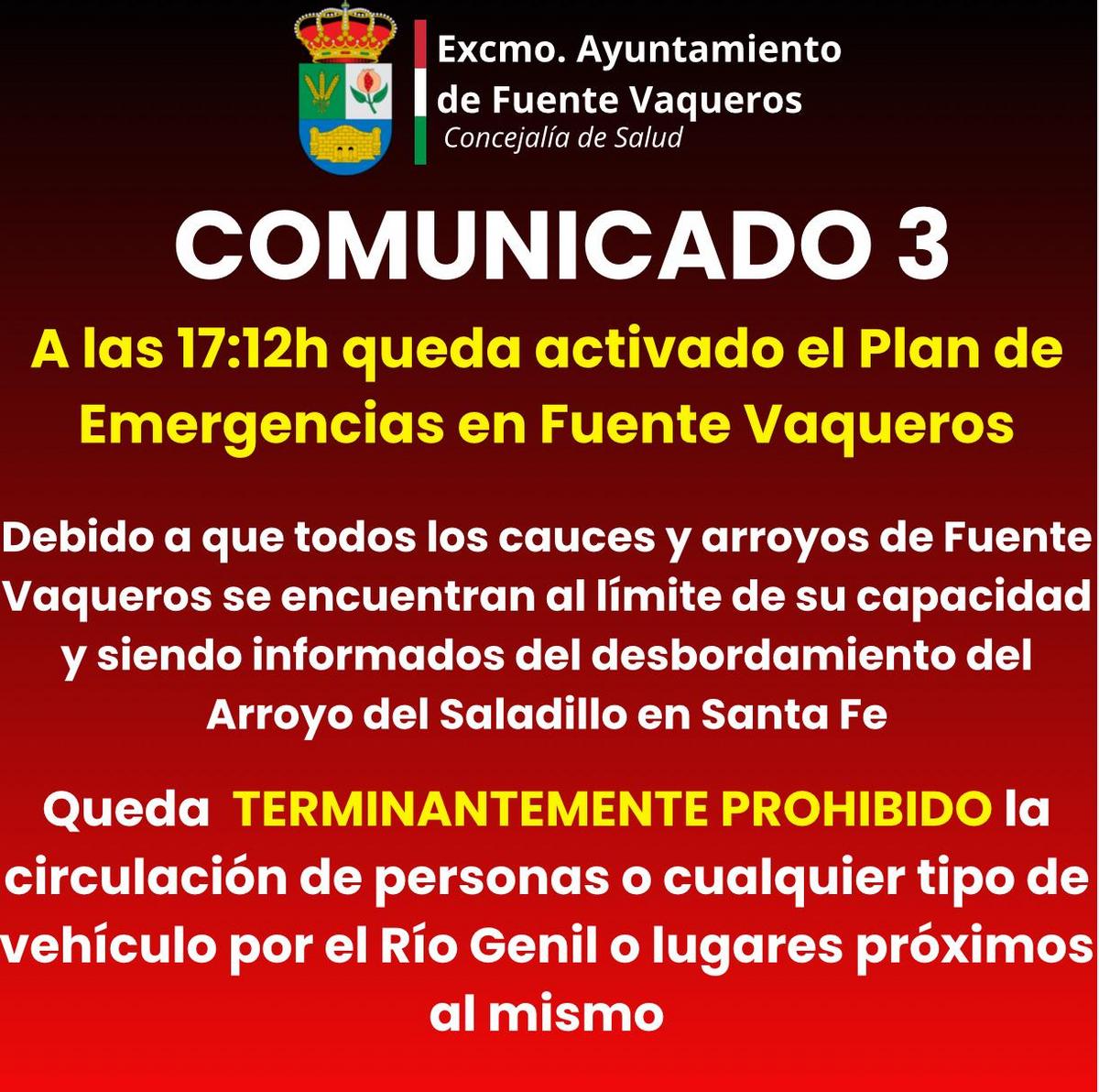 ACTIVACION DEL PLAN MUNICIPAL DE EMERGENCIA DE FUENTE VAQUEROS Y RESTRICCIÓN DE PASO POR EL RIO GENIL-Fuente Vaqueros