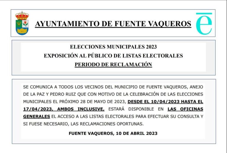 ELECCIONES | PERIODO DE CONSULTA Y RECLAMACIÓN LAS LISTAS ELECTORALES PARA LAS ELECCIONES MUNICIPALES 2023-Fuente Vaqueros