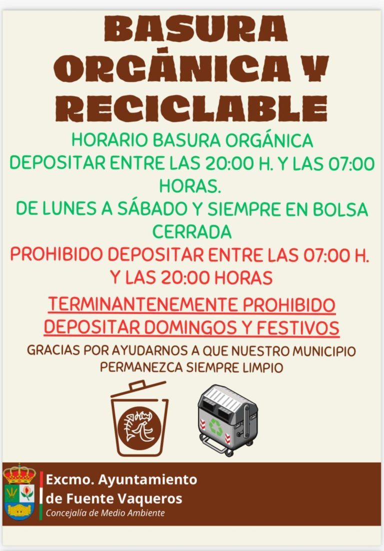 RECORDATORIO HORARIOS DE DEPÓSITO DE BASURA ORGÁNICA Y MUEBLES-Fuente Vaqueros