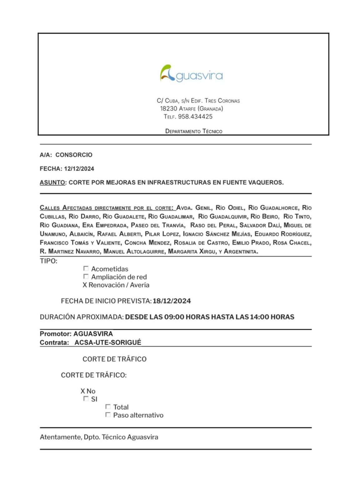 CORTE PARCIAL AGUA MIERCOLES 18 DE DICIEMBRE-Fuente Vaqueros