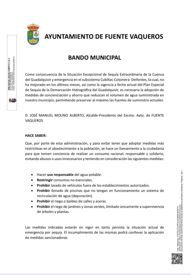 BANDO MUNICIPAL | MEDIDAS PARA EL CONSUMO RESPONSABLE DEL AGUA ANTE LA ACTUAL SEQUÍA -Fuente Vaqueros