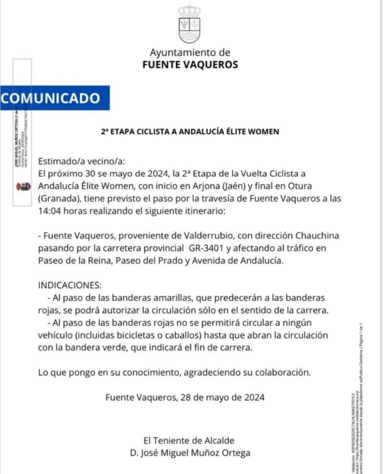 COMUNICADO | AFECCIÓN AL TRÁFICO POR LA VUELTA CICLISTA A ANDALUCÍA ÉLITE WOMEN -Fuente Vaqueros