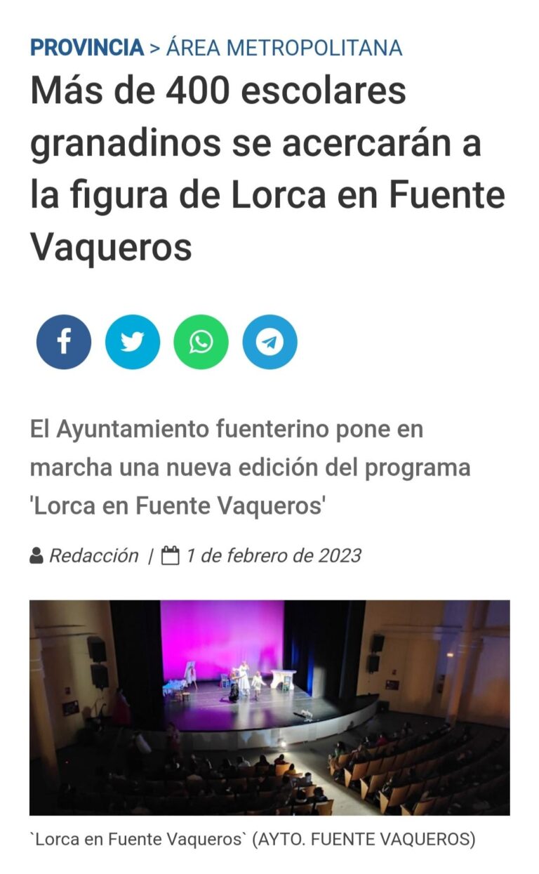 EDUCACIÓN | EL AYUNTAMIENTO DE FUENTE VAQUEROS RETOMA EL PROGRAMA «LORCA EN FUENTE VAQUEROS» CON MÁS DE 400 ALUMNOS DE TODA LA PROVINCIA -Fuente Vaqueros
