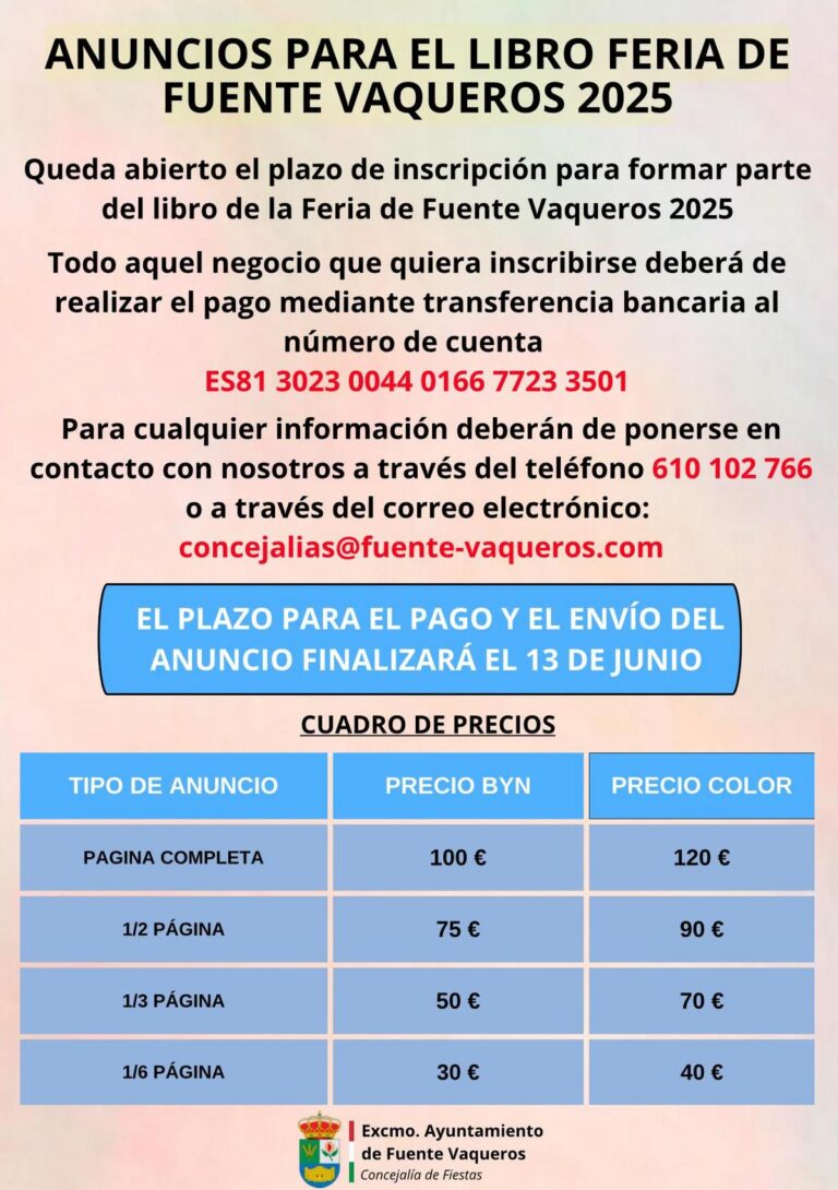 FIESTAS | INSCRIPCION PARA COMERCIOS PARA ANUNCIARSE EN EL LIBRO DE LA FERIA 2025 -Fuente Vaqueros