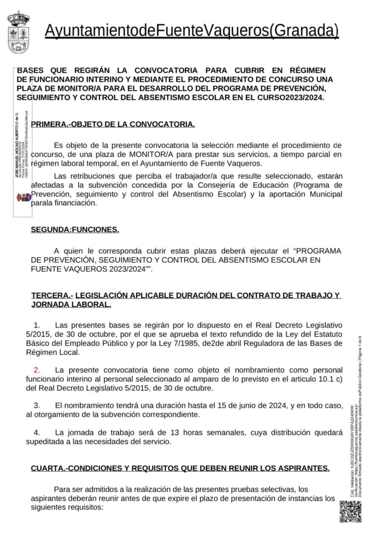 EMPLEO | BASES CONVOCATORIA PLAZA MONITOR/A ABSENTISMO ESCOLAR CURSO 2023/2024-Fuente Vaqueros