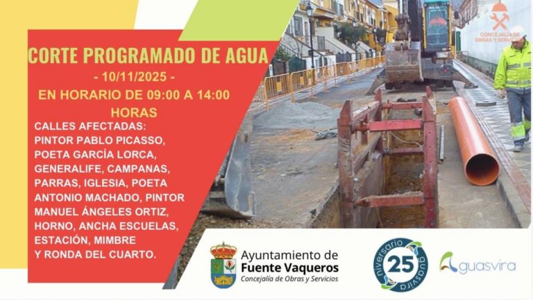 INFORMACION | CORTE PARCIAL DE AGUA LUNES 11 DE NOVIEMBRE DE 9 A 14-Fuente Vaqueros
