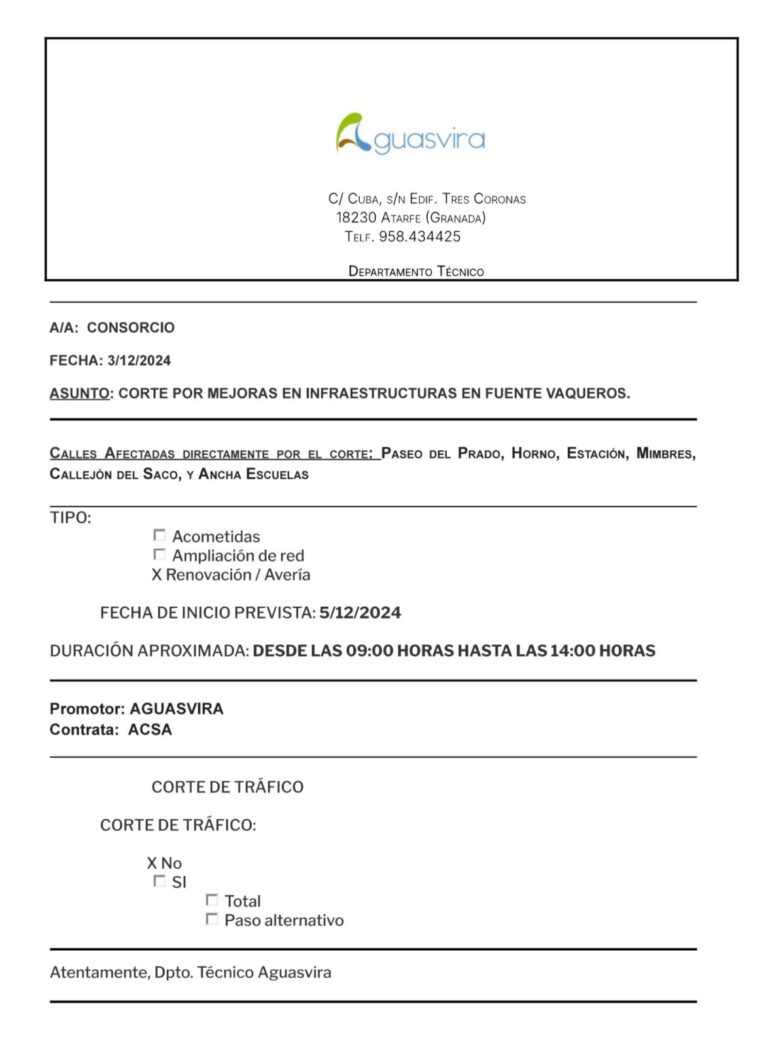 AVISO CORTE PARCIAL DE AGUA 5 DE DICIEMBRE-Fuente Vaqueros