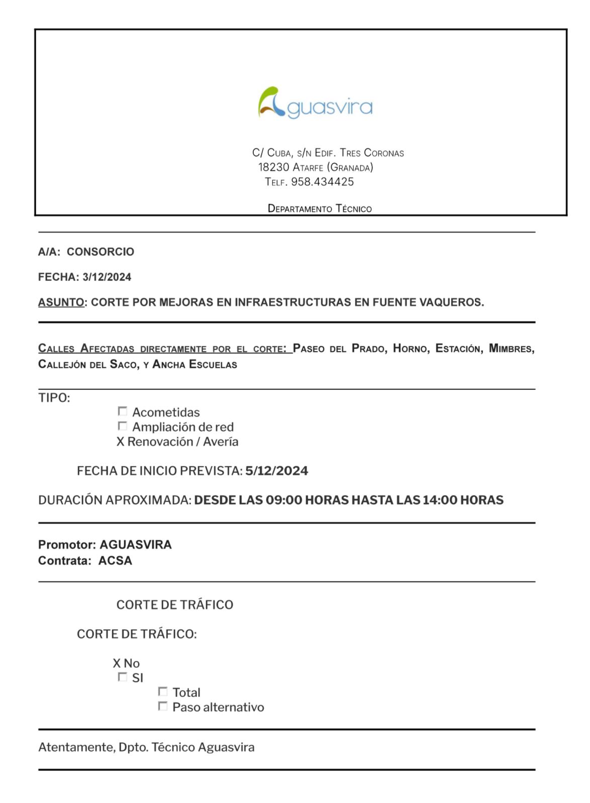 AVISO CORTE PARCIAL DE AGUA 5 DE DICIEMBRE-Fuente Vaqueros