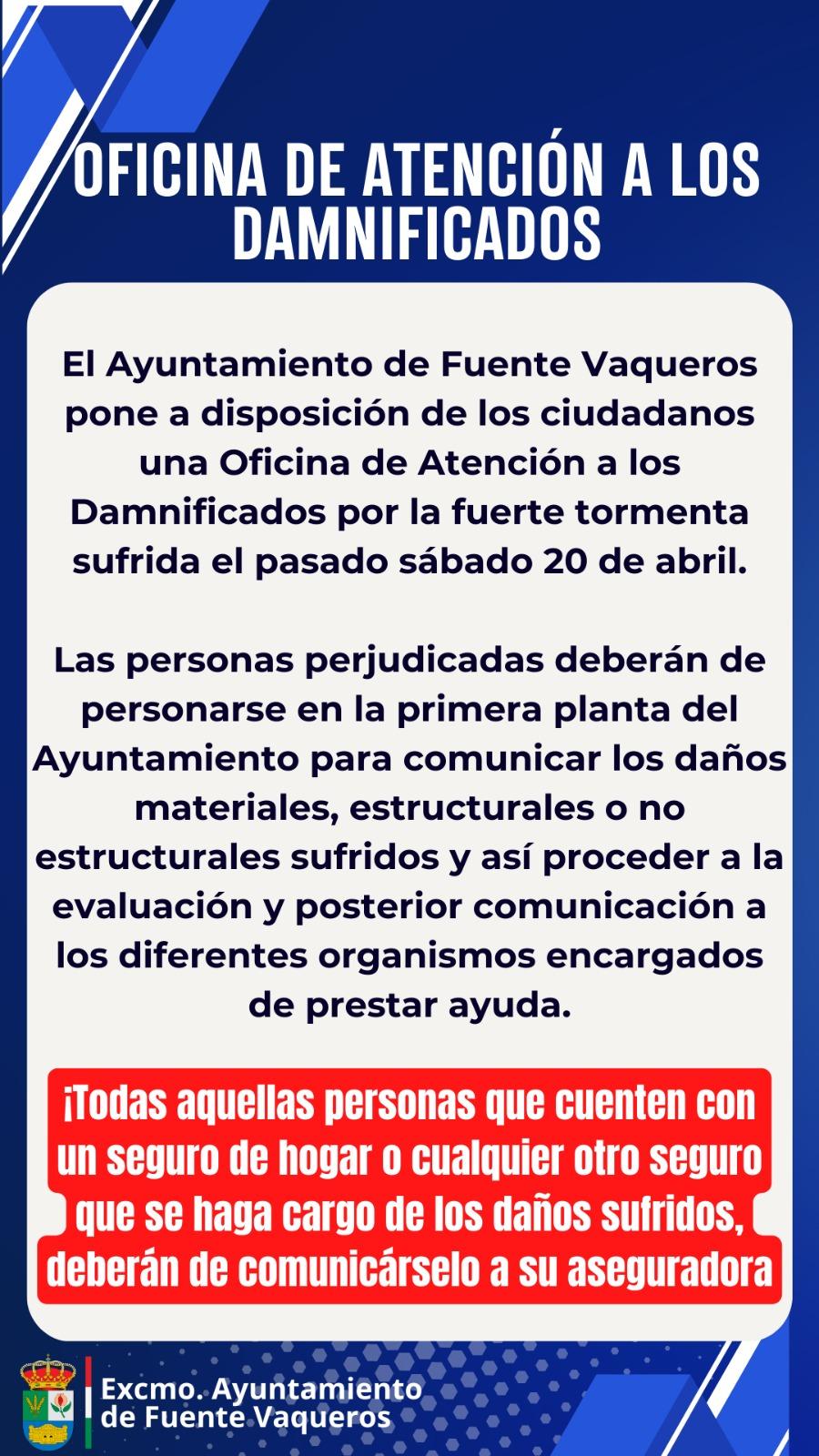 OFICINA DE ATENCION A LOS DAMNIFICADOS POR LAS INUNDACIONES DEL 20 DE ABRIL-Fuente Vaqueros