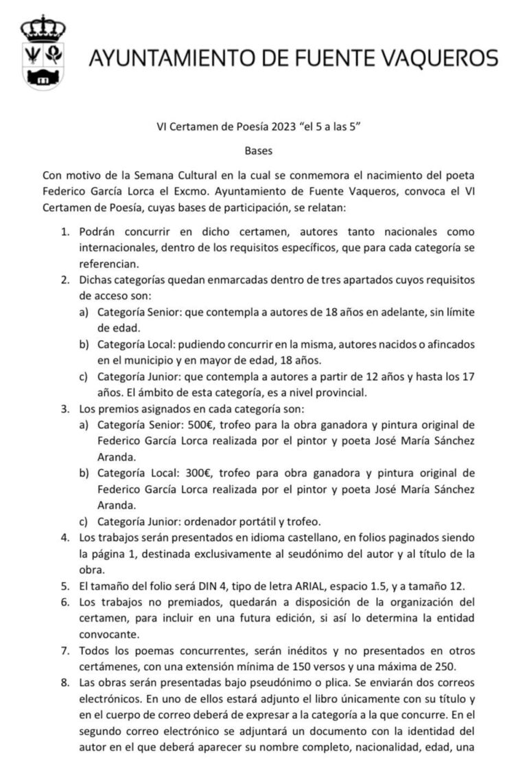 CULTURA | PUBLICACIÓN DE LAS BASES DEL VI CERTAMEN DE POESIA "EL 5 A LAS 5" DE FUENTE VAQUEROS -Fuente Vaqueros
