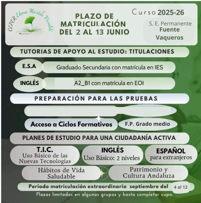 EDUCACION | PLAZO DE MATRICULACION EXTRAORDINARIA -Fuente Vaqueros