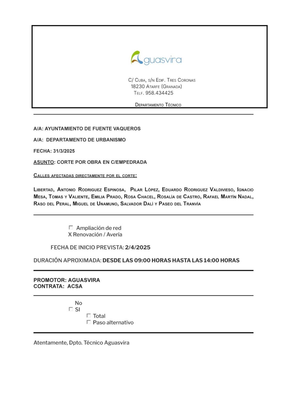 AVISO | AVISO DE AGUASVIRA SOBRE CORTE DE SUMINISTRO DE AGUA EN FUENTE VAQUEROS-Fuente Vaqueros