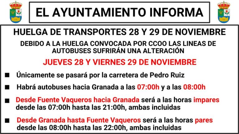 TRANSPORTES | ALTERACION HORA DE AUTOBUSES POR HUELGA 28 Y 29 DE NOVIEMBRE-Fuente Vaqueros