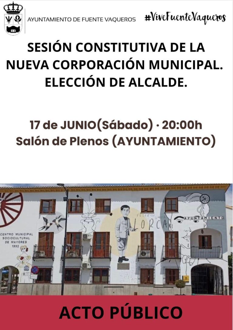 AGENDA | SESIÓN CONSTITUTIVA DE LA NUEVA CORPORACIÓN MUNICIPAL 2023-27-Fuente Vaqueros