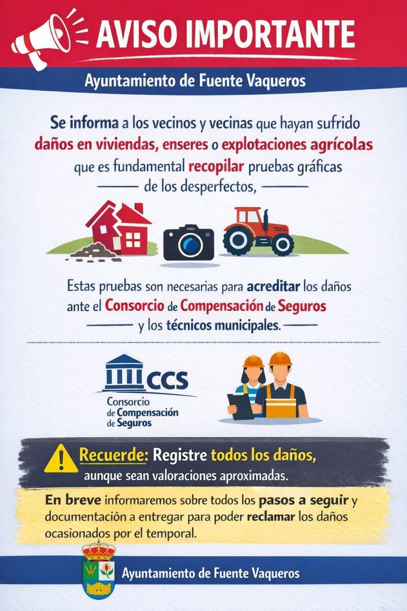 AVISO IMPORTANTE SOBRE LOS DAÑOS OCASIONADOS POR LLUVIAS E INUNDACIONES-Fuente Vaqueros