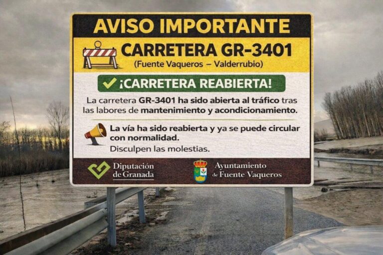 AVISO | ABIERTA CARRETERA GR3401 FUENTE VAQUEROS VALDERRUBIO-Fuente Vaqueros