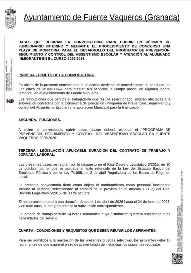 EMPLEO | BASES CONVOCATORIA PLAZAS MONITOR|A ABSENTISMO 2025/2026-Fuente Vaqueros
