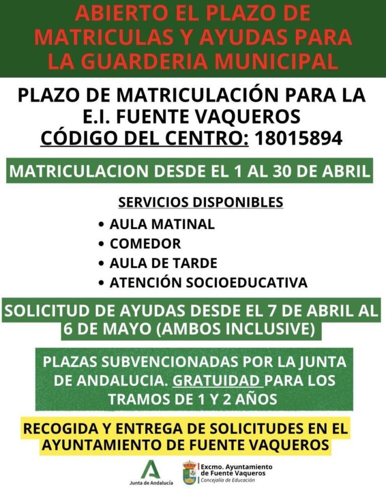 EDUCACIÓN | PLAZO DE MATRICULACIÓN Y SOLICITUD AYUDAS GUARDERÍA MUNICIPAL-Fuente Vaqueros