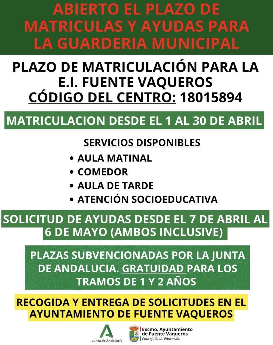 EDUCACIÓN | PLAZO DE MATRICULACIÓN Y SOLICITUD AYUDAS GUARDERÍA MUNICIPAL-Fuente Vaqueros
