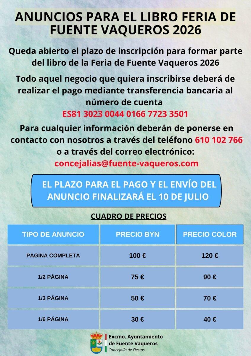 FIESTAS | ANUNCIOS LIBRO FERIA FUENTE VAQUEROS 2026-Fuente Vaqueros