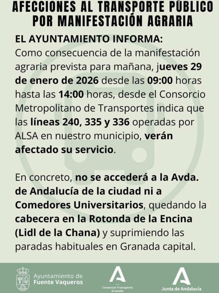 AVISO | AFECCIONES AL TRANSPORTE PÚBLICO DE GRANADA-Fuente Vaqueros
