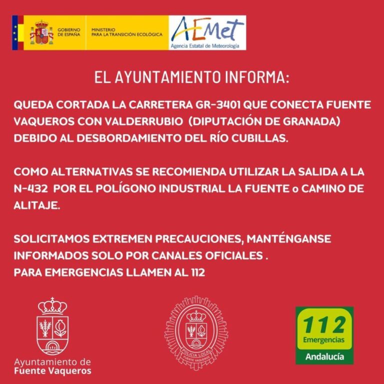 AVISO | CORTE EN LA CARRETERA GR3401 QUE CONECTA VALDERRUBIO Y FUENTE VAQUEROS-Fuente Vaqueros