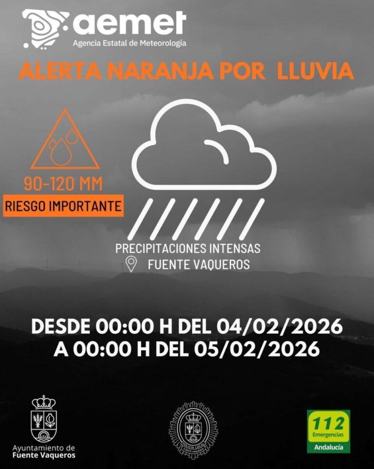 COMUNICADO 10 | SE ACTIVA LA ALERTA NARANJA POR LLUVIAS INTENSAS, SUSPENDIDAS LAS CLASES PRESENCIALES Y LAS ACTIVIDADES EN EDIFICIOS MUNICIPALES-Fuente Vaqueros