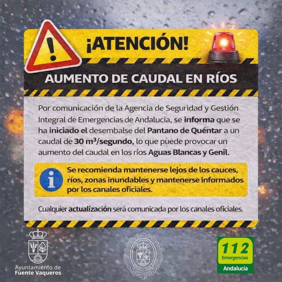 COMUNICADO 13 | SITUACION DEL RIO GENIL Y AVISO DE INCREMENTO DEL DESEMBALSE-Fuente Vaqueros