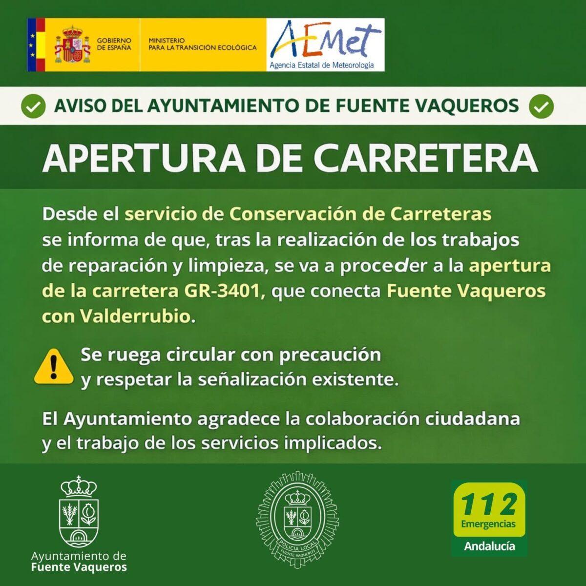 COMUNICADO 8 | ACTUALIZACIÓN: REAPERTURA CARRETERA GR-3401-Fuente Vaqueros
