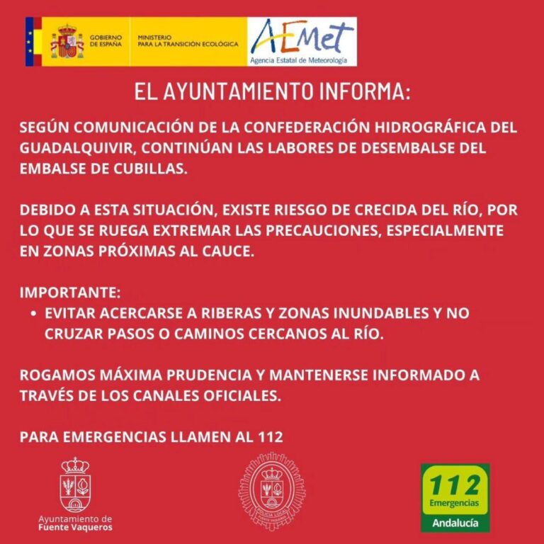 COMUNICADO 9 | DESEMBALSE EMBALSE DE CUBILLAS-Fuente Vaqueros