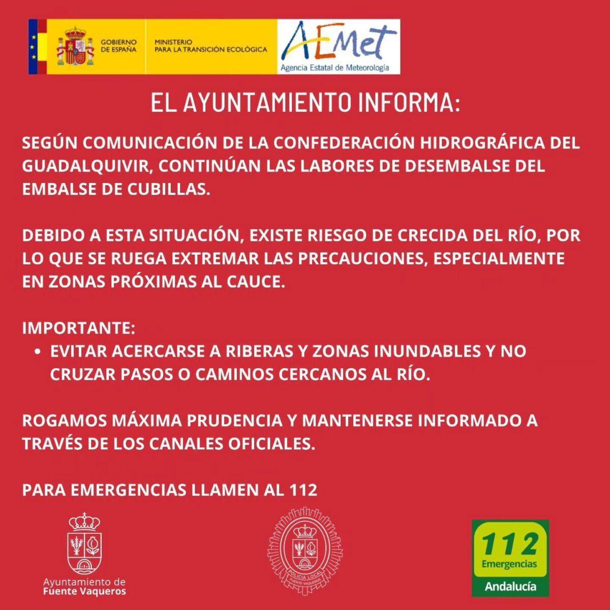 COMUNICADO 9 | DESEMBALSE EMBALSE DE CUBILLAS-Fuente Vaqueros