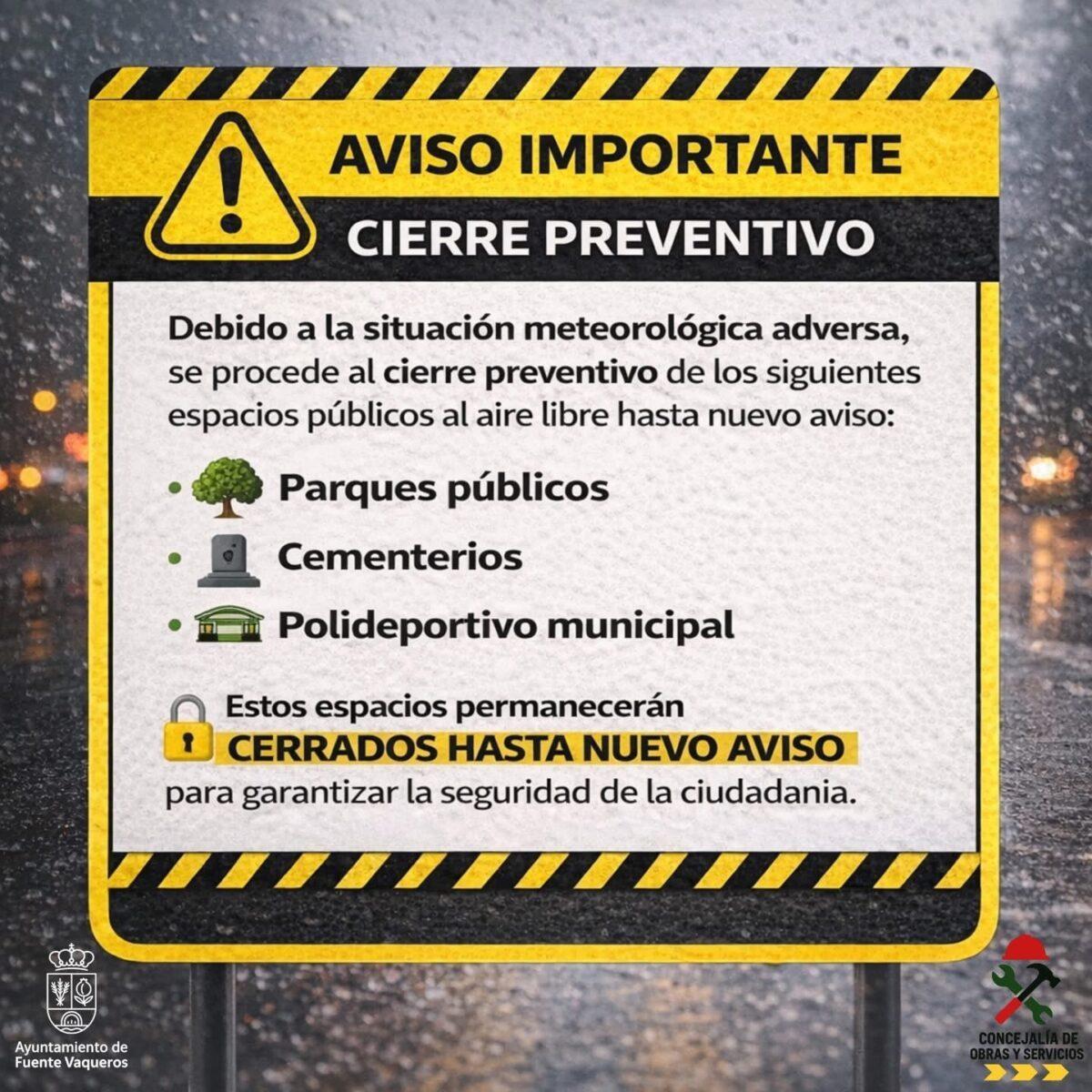 INFORMACIÓN | ALERTA NARANJA Y CIERRE DE LOS ESPACIOS AL AIRE LIBRE-Fuente Vaqueros