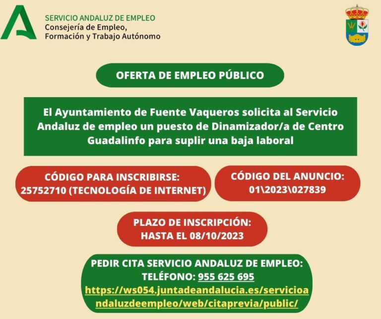 OFERTA DE EMPLEO PÚBLICO PARA DINAMIZADOR/A DE CENTRO GUADALINFO-Fuente Vaqueros