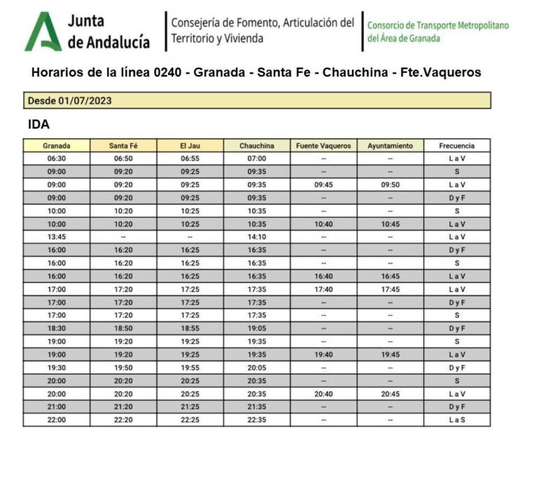 INFORMACION | AVISO MODIFICACIÓN HORARIA DE LA LÍNEA DE AUTOBÚS 240 -Fuente Vaqueros
