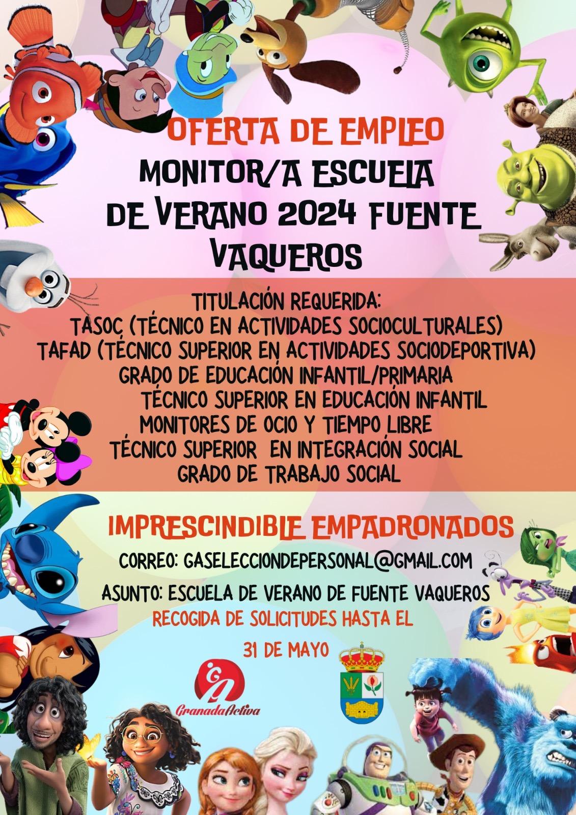 EMPLEO | OFERTA MONITOR/A PARA ESCUELA DE VERANO FUENTE VAQUEROS 2024-Fuente Vaqueros