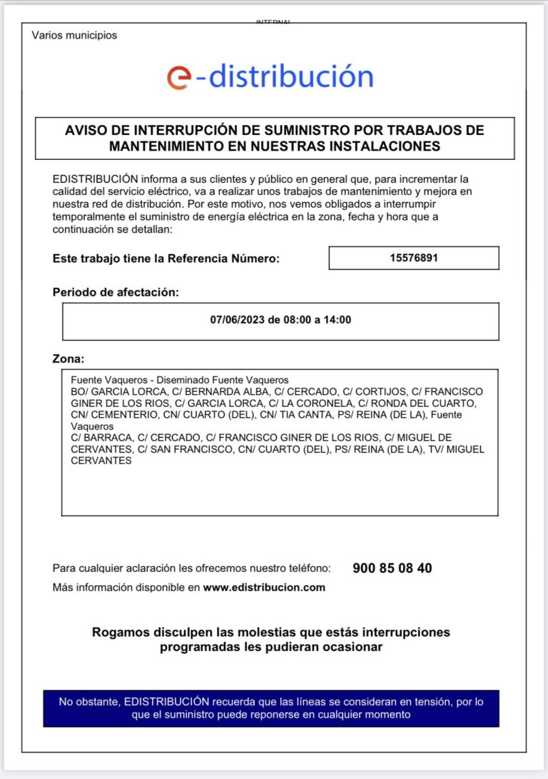INFORMACIÓN | AVISO DE INTERRUPCIÓN DE SUMINISTRO ELÉCTRICO -Fuente Vaqueros
