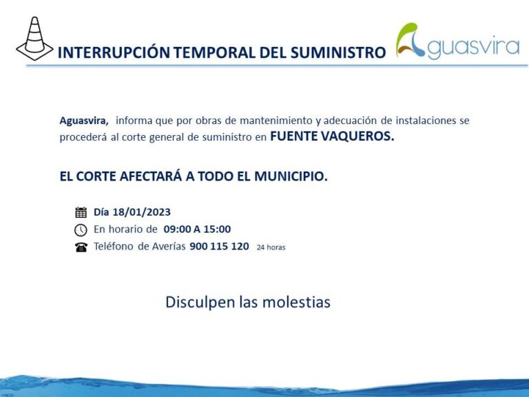 AVISO | AVISO DE AGUASVIRA SOBRE CORTE DE SUMINISTRO DE AGUA EN FUENTE VAQUEROS -Fuente Vaqueros