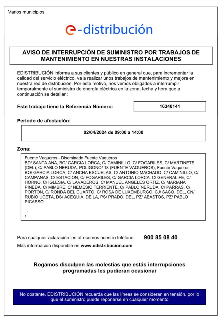 INFORMACIÓN | AVISO DE INTERRUPCIÓN DEL SUMINISTRO ELÉCTRICO -Fuente Vaqueros