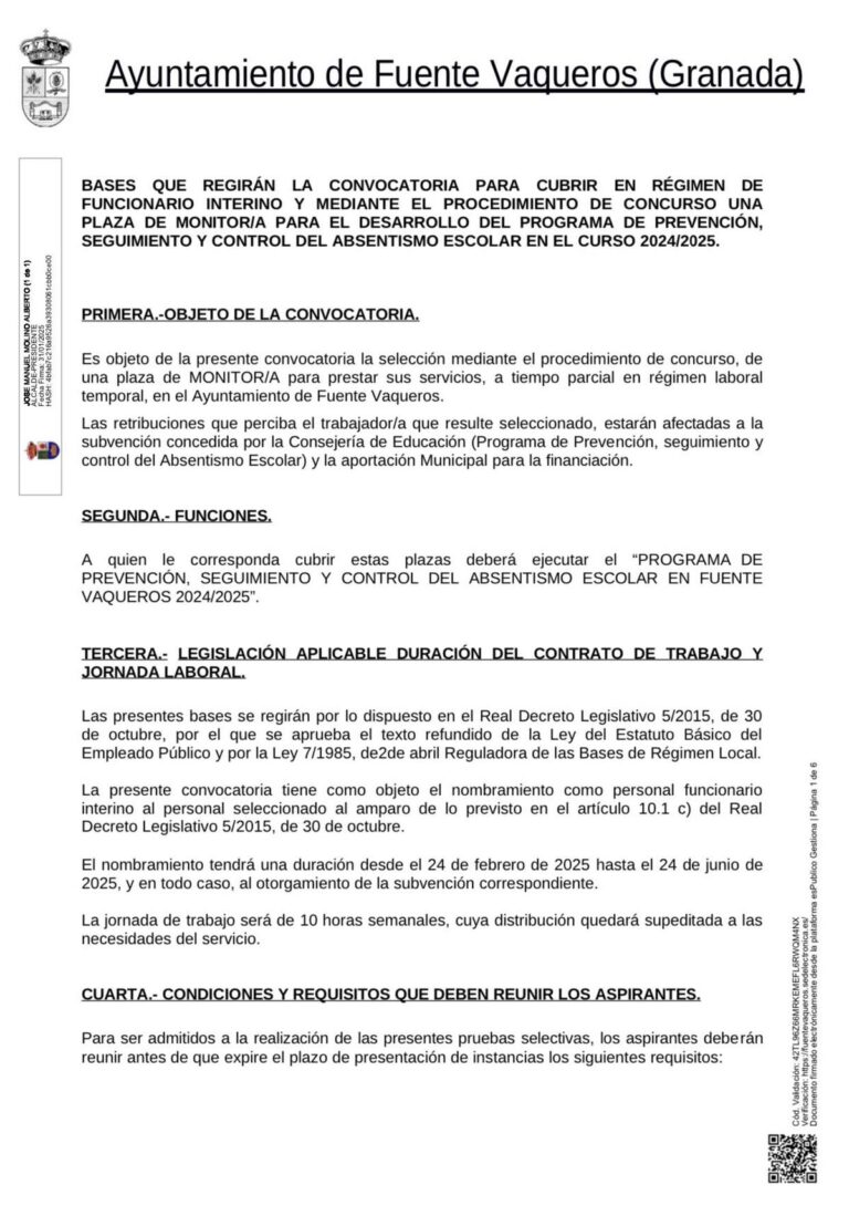 EMPLEO | BASES CONVOCATORIA PLAZA MONITOR/A ABSENTISMO ESCOLAR CURSO 2024/2025-Fuente Vaqueros