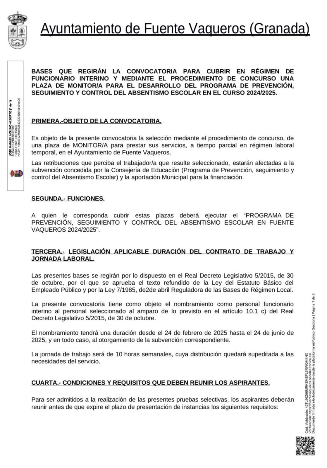 EMPLEO | BASES CONVOCATORIA PLAZA MONITOR/A ABSENTISMO ESCOLAR CURSO 2024/2025-Fuente Vaqueros