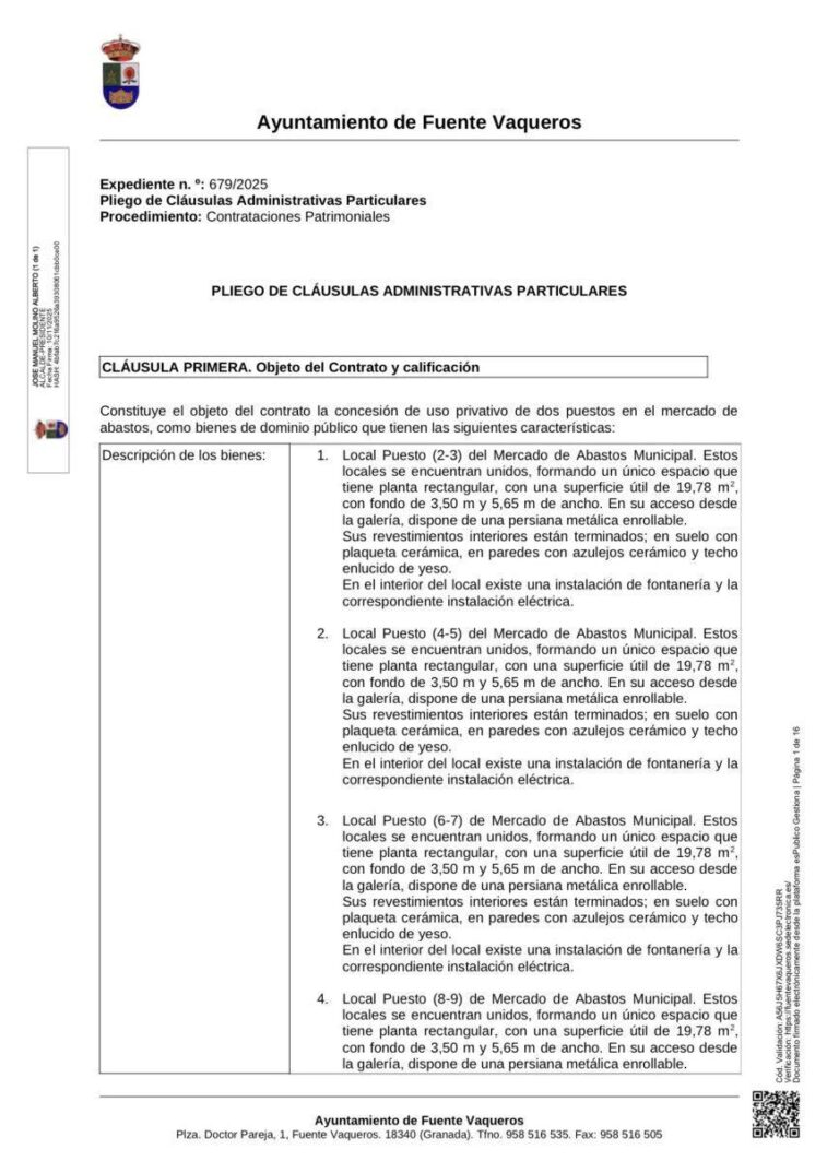 COMERCIO | SE ABRE EL PLAZO DE PRESENTACION DE OFERTAS PARA LA ADJUDICACIÓN DE PUESTOS DEL MERCADO MUNICIPAL DE ABASTOS-Fuente Vaqueros