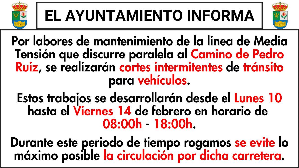 AVISO | CORTES DE TRAFICO EN EL CAMINO DE PEDRO RUIZ POR LABORES DE MANTENIMIENTOS-Fuente Vaqueros