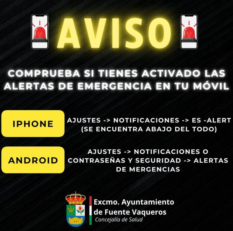 ACTIVA LAS NOTIFICACIONES PARA LAS ALERTAS DE EMERGENCIA EN TU MOVIL-Fuente Vaqueros