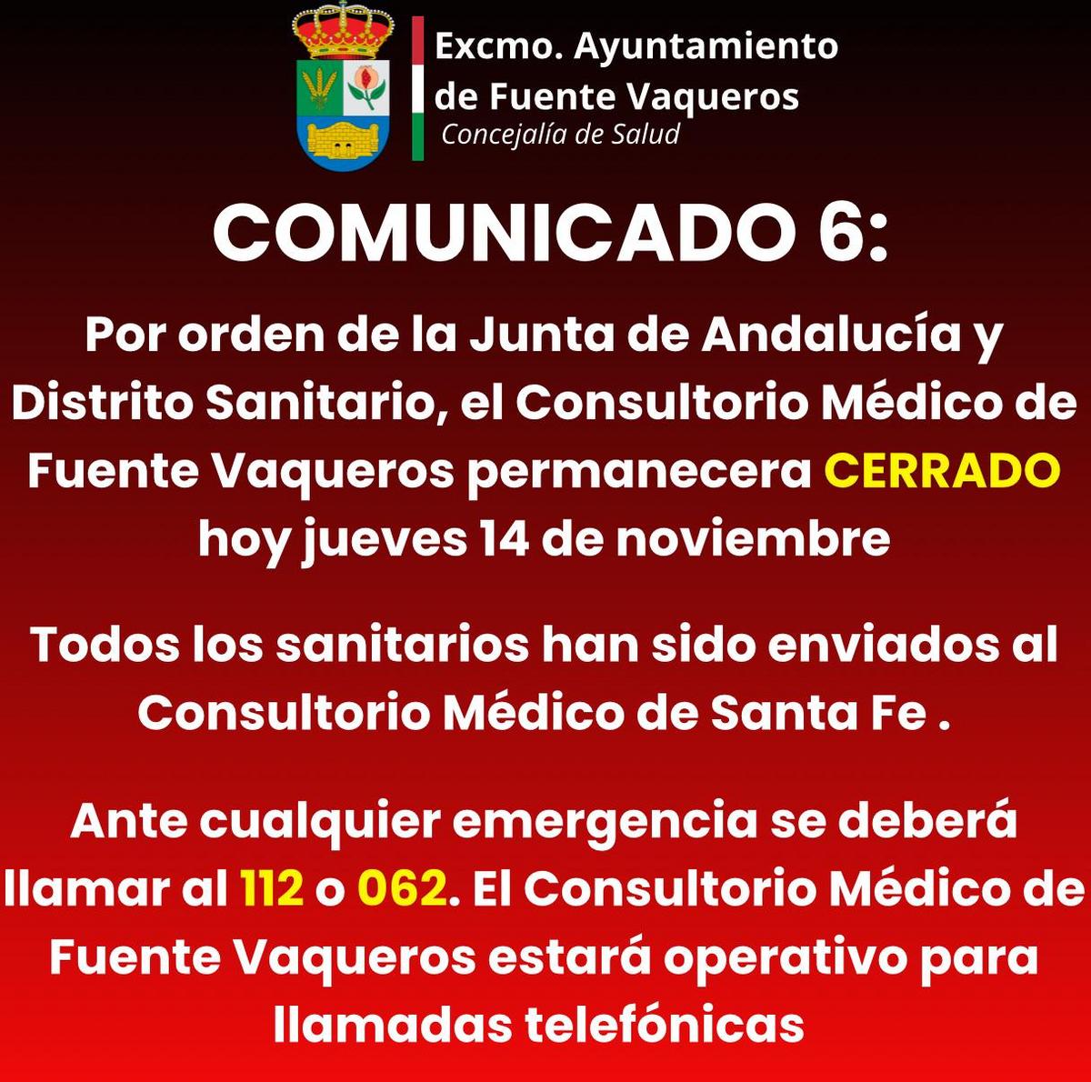 CENTRO MEDICO DE FUENTE VAQUEROS CERRADO HOY 14 DE NOVIEMBRE-Fuente Vaqueros